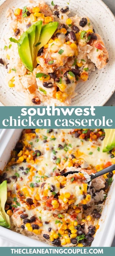 A Healthy Southwest Chicken Casserole Recipe that is so easy to make! This Mexican Chicken Casserole is perfect for a one pan dinner. Whole Food Casserole Recipes, One Pan Healthy Dinner Recipes, Cheap Healthy Meals Low Carb, Paleo Chicken Casserole Recipes, Healthier Casserole Recipes, Healthy Chicken Casserole Clean Eating, Baked Chicken Casserole Recipes Healthy, Tasty Healthy Recipes Dinner, Healthy Mexican Casserole Recipes