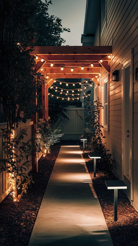 Narrow Side Yard Ideas💖💖 Narrow Pathway Side Of House, Narrow Pathway Landscaping, Side Yard Transformation, Side Alley Ideas, Long Narrow Side Yard Ideas, Narrow Outdoor Entryway Ideas, House Walkway Entrance, Tiny Side Yard, Narrow Side Of House Ideas