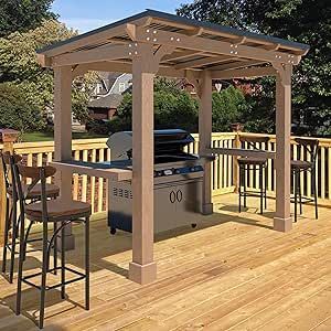 VEIKOU 8’x5’ Cedar Wood Grill Gazebo, BBQ Gazebo with Rainwater Drainage, Sloping Hardtop Metal Roof, Patio Gazebo for Barbecue, Backyard, Garden, Light Mocha Brown Outdoor Grill With Bar Seating, Bbq Covered Area Grill Station Backyard, Deck Kitchen Ideas Grill Station, Grill Gazebo Ideas, Grilling Gazebo, Grill Stations, Bbq Canopy, Backyard Plans, Kitchen Bars