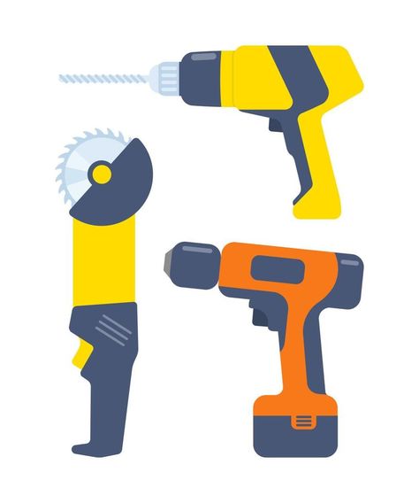 Drilling machine or hand drill. Power tool screwdriver. Circular saw with steel toothed disc. Electric hand tools, set. Building equipment. Vector flat illustration. Building Tools Illustration, Drill Illustration, Drill Machine Tools, Set Building, Drill Machine, Drilling Machine, Tools Set, Circular Saw, Power Tool