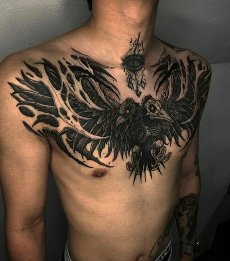 Crow Tattoo Neck Men, 2 Headed Crow Tattoo, Crow Tattoos Men, Crow Tattoo On Chest, Crow Tattoo On Shoulder, Crow Chest Tattoo For Men, Chest Crow Tattoo, Backhand Tattoos Men, Two Headed Crow Tattoo