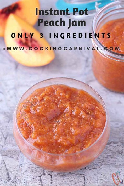 You need 3 ingredients and few minutes to make this Instant pot Peach Jam Recipe. It is sweetened with brown sugar and is an easy peasy pressure cooker reci Peach Butter Recipe Instant Pot, Instapot Peach Jam, Low Sugar Peach Jam, Peach Freezer Jam Easy, Peach Freezer Jam No Pectin, Peach Jam Recipe, Peach Butter, Peach Jam, Jam And Jelly