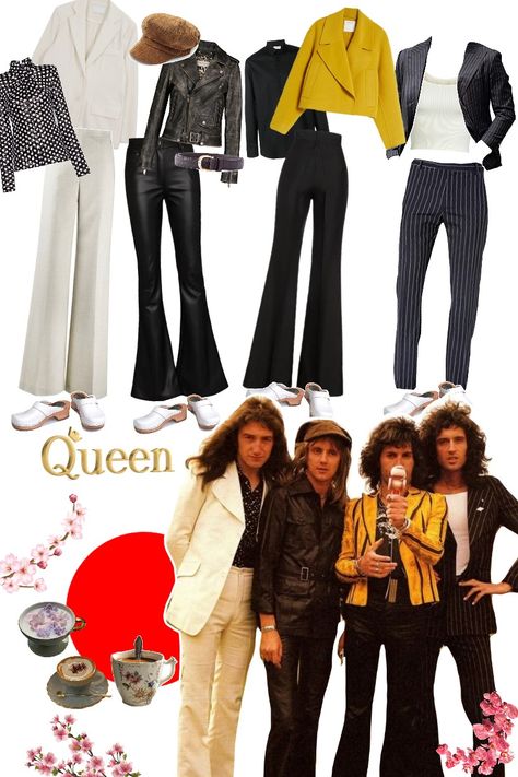 Queen in Japan inspired outfits 👑 Queen Band Outfits Inspiration, 50s Rock And Roll Outfits, Queen Band Inspired Outfits, Queen Band Outfits, Queen Inspired Outfits Band, Queen Inspired Outfits, 50s Rock And Roll, Queen Outfits, Band Outfits