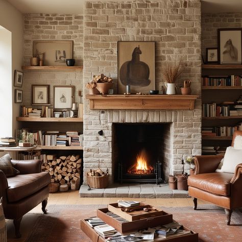 A cozy drawing room with exposed brick walls painted a warm white. A worn leather armchair sits in front of a stone fireplace with a crackling fire. A rustic wooden coffee table displays a collection of travel books and a well-worn chessboard. A handwoven wool rug in muted earth tones warms the floor. Woven baskets filled with firewood flank the fireplace. For more similar ideas, visit https://classydecorist.com/ #vintageinspiredlivingroom #vintagestylelivingroom #livingroomdecoration #living... Brick Built In Fireplace, Drawing Room With Fireplace, Exposed Stone Fireplace, Rustic Brick Fireplace Ideas, Cozy Stone Fireplace, Brown Brick Fireplace Decor, Brick Gas Fireplace Ideas, Living Room Book Wall, Wood And Brick Fireplace