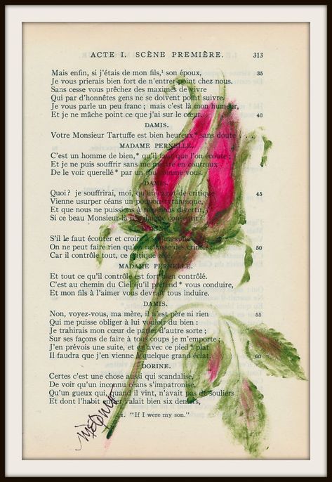 Book Page Art, Rose Bud, Painted Books, Rose Art, Book Page, Art Journal Inspiration, French Art, Red Rose, Vintage French