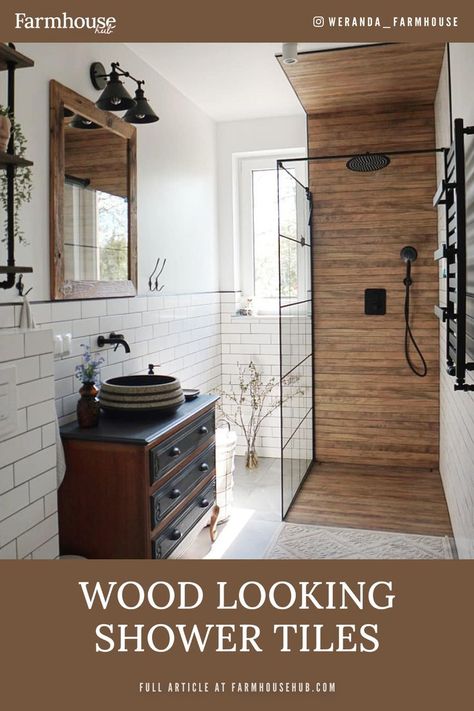 Wood looking shower tiles for a rustic feel Wood Tiles For Bathroom, Wood Tile Walk In Shower Ideas, Shower With Wood Tile Accent, Bathroom With Wood Wall Accent, Wood Accent Shower Wall, Bathroom With Different Tiles, Light Wood Bathroom Ideas, Wood In The Bathroom, Wood Tile Shower Ideas Wall