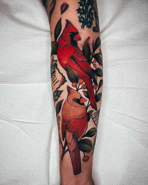 Top 100 Best Cardinal Tattoos For Women - Red Bird Design Ideas Cardinal Tattoo Male And Female, Vintage Cardinal Tattoo, Cardinal And Dove Tattoo, Make And Female Cardinal Tattoo, Pair Of Cardinals Tattoo, Cardinal Cherry Blossom Tattoo, Cardinal Pair Tattoo, Male And Female Cardinal Tattoo, Traditional Cardinal Tattoo