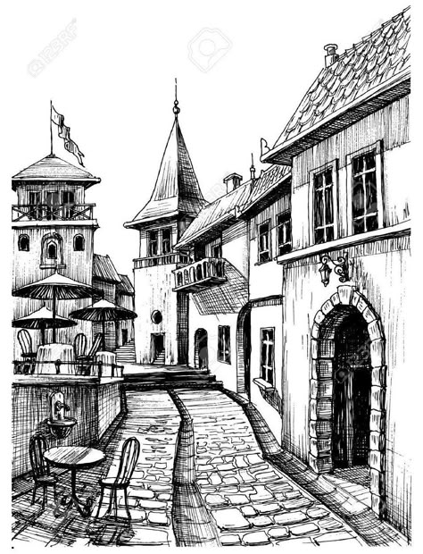 City Drawing Sketches, Drawing Restaurant, Micron Pen Art, Restaurant Terrace, Landscape Pencil Drawings, Architecture Drawing Sketchbooks, Building Aesthetic, City Sketch, Building Drawing