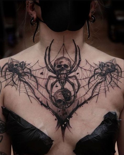 @apso_tattoo | tattoo by Sebastien Bales | #TattooIdeas #TattooDesigns #InkInspiration #TattooArt #TattooInspo #TattooLovers #InkAddict #TattooWorld #TattooCulture #TattooLife #TattooLove #TattooArtist #TattooStyle #TattooTrends Goth Blackwork Tattoo, Gothic Chest Piece Tattoo, Blackwork Chest Tattoo Woman, Scary Chest Tattoo, Creepy Chest Tattoos, Decorative Chest Tattoo, Dark Chest Tattoos For Women, Women's Chest Tattoo, Woman’s Chest Tattoo