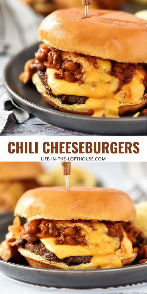 Chili Burgers Ground Beef, Stuff Hamburgers Recipes, Cheeseburgers Recipes Burgers, Chili For Burgers, Chili Cheese Burger Recipe, Chilli Burger Recipes, Unique Burgers Ideas, Fun Burger Ideas, Special Burgers Ideas