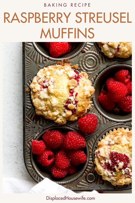 The yummiest one-bowl (ish) Easy Raspberry Muffins start with a moist sour cream muffin batter that is loaded with lemon and bursting with fresh raspberries (frozen raspberries can be used too!). Each muffin is topped with buttery, crispy streusel topping (perfection). Lots of tips on getting a nice, tall muffin top as well as an optional overnight batter rest so you can have fresh-baked muffins in the morning! Lemon Raspberry Streusel Muffins, Raspberry Muffin Recipe, Raspberry Peach Muffins, Sour Cream Raspberry Muffins, Raspberry Crumble Muffins, Berry Muffins With Fresh Berries, Muffin Recipes Strawberry, Frozen Raspberry Recipes, Gluten Free Raspberry Muffins