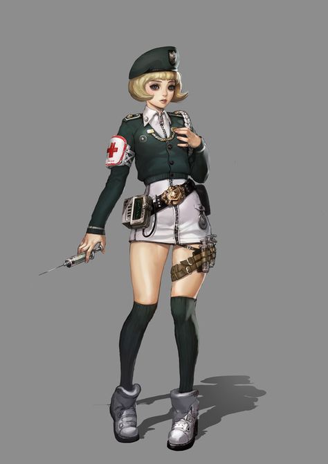 Gunz2 Medic Character  Emily Kawaii, Fantasy Medic Outfit, Field Medic Character Design, Apocalypse Medic, Combat Medic Character Design, Medic Character Design, Medic Outfit, Medic Oc, Combat Maid