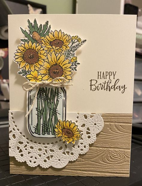 Su Jar Of Flowers Cards, Sunflower Birthday Cards Handmade, Handmade Cards With Sunflowers, Stampin Up Jar Of Flowers Cards, Mason Jar Cards Handmade, Jar Of Flowers Stampin Up Cards, Sunflower Cards Handmade, Stampin Up Jar Of Flowers, Jar Of Flowers