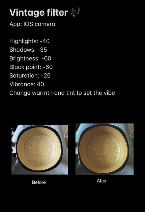 Camera App Photo Editing, Coffee Photo Edit Iphone, Vintage Preset Iphone, Film Edit On Iphone, Film Aesthetic Edit Iphone, Edit Food Photos On Iphone, Best Iphone Edit Settings, Editing Pics On Iphone, Editing Settings Iphone
