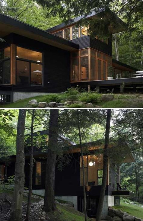 Family cottage on Lake Muskoka, Ontario, by Altius Architecture Small Cabin On Hillside, Single Sloped Roof Cabin, Modern Log Cabin Floor Plans, Modern Cabin With Garage, Modern Cabin On Sloped Lot, Small Wooden House Design, Pergola Area, Small Cabin Designs, Muskoka Ontario