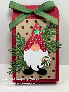 Stampin Up Wrapped In Christmas Cards, Christmas Favors Ideas, Gnome Gift Box, Gnome Dies, Kindest Gnomes, Stampin Up Weihnachten, Gnome Cards, Chocolate Covered Pretzel, Christmas Gift Tags Handmade