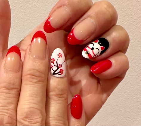 Lucky Cat Nail Art, Lucky Cat Nails, Chinese New Year Nails, Lunar New Year Nails, Chines New Year, Chinese New Year 2023, New Year Nails, Year Nails, Cat Nail Art