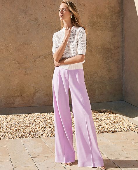 Our pleated wide leg pant is a modern must-have, with a perfect drape and high waist that endlessly flatters. Front zip with double hook-and-bar closure. Belt loops. Front pleats. Front off-seam pockets. Back besom pockets.,Leg Shape:Leg Shape: Wide Leg – a modern must-have with a statement leg and flattering high waist,Rise:High rise: sits 1/2" to 1" below natural waist,Imported:Imported,Fit:Fit: Relaxed & easy,Length:Full length: 28 1/2" inseam with 23 1/2" leg opening,Fabrication:55% Linen, 43% Viscose, 2% Spandex,Garment Care:Machine Washable The Petite Single Pleated Wide Leg Pant in Linen Blend by Ann Taylor Size petite - 00 Crisp Lilac Women's Linen, Blend, Regular, Wide, Leg, Pants, 55%, Linen, 43%, Viscose, 2%, Spandex, Machine, Washable Light Pink Wide Leg Pants Outfit, Lilac Pants Outfit Color Combos, Lavender Outfits For Women, Lilac Pants Outfit, Pleated Pants Outfit, Mauve Outfit, Womens Business Attire, Getaway Dress, Wide Leg Pants Outfit