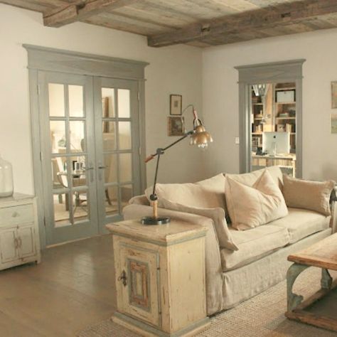 Rustic French farmhouse European country cottage with pale blues and green interiors - Decor de Provence. Provence Living Room, European Country Cottage, Provence Style Interior, French Inspired Living Room, Farmhouse European, French Country Settee, European Farmhouse Style, Stone Room, Rustic French Farmhouse