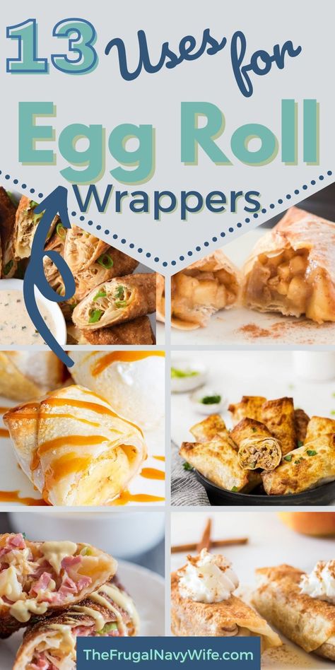 Looking for extra uses for egg roll wrappers? Here are some great ways to use your egg roll wrappers so they don't go to waste. #eggrollwrappers #usesfor #frugalliving #roundup #frugalnavywife | Uses for Egg Roll Wrappers | Frugal Living | Roundup | Uses For | Recipes Using Egg Roll Wrappers, Banana Spring Rolls, Egg Roll Wrapper, Egg Roll Wraps, Egg Roll Filling, Homemade Egg Rolls, Chicken Egg Rolls, Spring Roll Wrappers, Egg Wrap