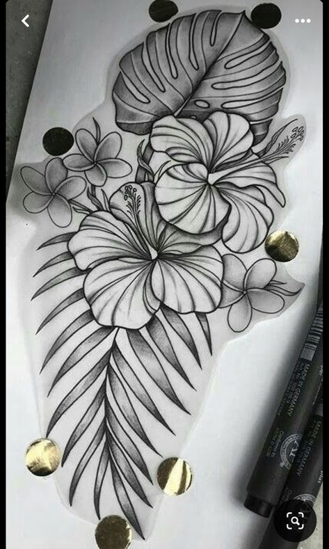 Floral Tattoo Styles, Tropical Forearm Tattoo, Tropical Mandala Tattoo, Jungle Flower Tattoo, Tropical Hip Tattoo, Hibiscus And Monstera Tattoo, Tropical Leg Tattoo, Tropical Tattoo Design, Tropical Plants Tattoo