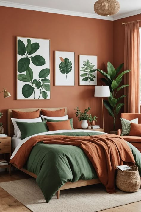 Best Color For Bedroom Walls Colour Boho, Terracotta And Green Aesthetic, Orange And Green Home Decor, Green House Decor Interiors, Rust Orange Room, Green And Copper Bedroom, Terracotta Walls Bedroom, Bedroom Calming Colors, Orange Accent Bedroom