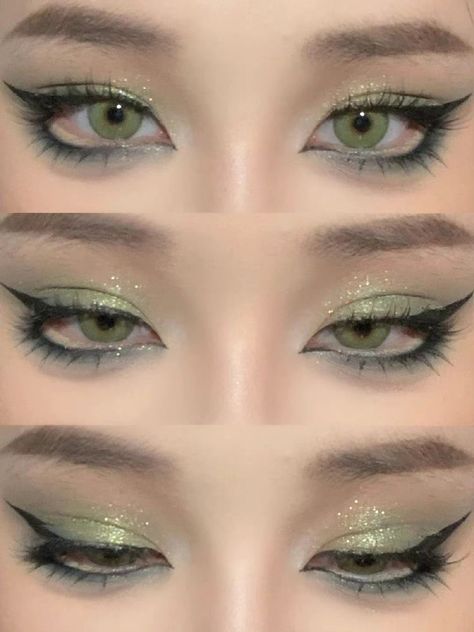 Euphoric Eye Makeup, Hooded Eye Prom Makeup, Blue Eyeshowdow Looks, Green Eyeshadow Douyin, Subtle Fairy Makeup, Green Douyin Makeup, Dark Green Makeup Looks, Sage Green Makeup Look, Y2k Makeup Aesthetic