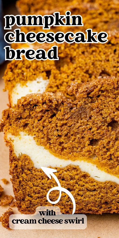 This Pumpkin Cheesecake Bread recipe is loaded with pumpkin spice flavor and a creamy cream cheese filling. This fall quick bread recipe makes for an impressive breakfast or dessert. Spicy Pumpkin Bread, Pumpkin And Cream Cheese Bread, Pumpkin Cheesecake Bread Easy, Pumpkin With Cream Cheese Recipes, Cream Cheese Stuffed Pumpkin Bread, Cheesecake Pumpkin Bread, Pumpkin Cream Cheese Bread Recipe, Pumpkin Loaf Recipe With Cream Cheese, Light Pumpkin Bread