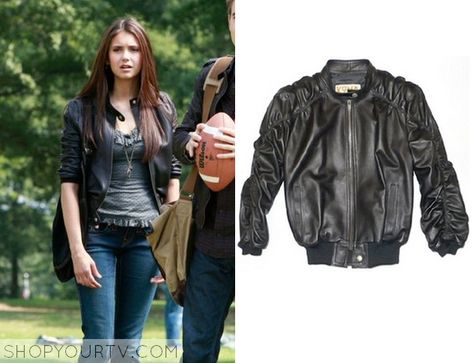 The Vampire Diaries: Season 1 Episode 3 Elena's Black Ruffled Leather Jacket | Shop Your TV Vampire Diaries Season 1, Katherine Pierce Outfits, Elena Gilbert Style, Vampire Diaries Fashion, Vampire Diaries Outfits, Vampire Diaries Seasons, Worn On Tv, Where To Buy Clothes, Outfits Polyvore