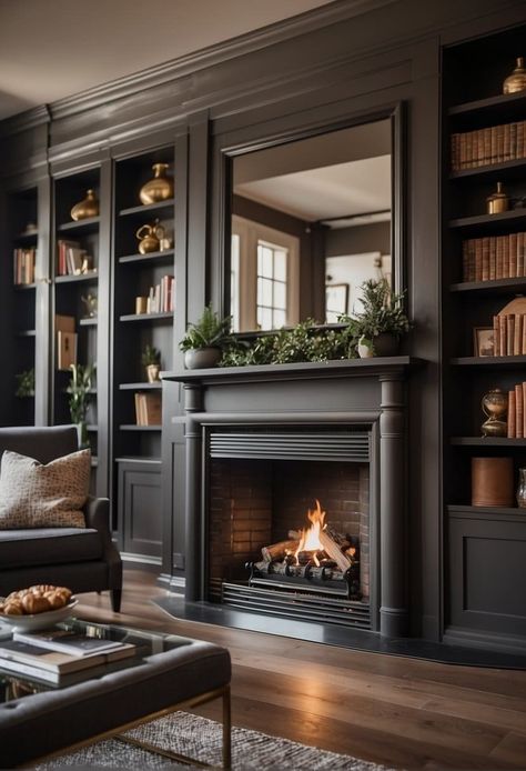 25 Fireplace Accent Wall Ideas to Create the Ultimate Cozy Corner Redo Fireplace Wall, Framed Fireplace Wall, Wall To Wall Built Ins Living Room, Sitting Room Ideas With Bay Window, Black Fireplace White Bookshelves, Matching Walls And Ceiling, Study With Fireplace Bookshelves, Fake Fireplace Built In, Shelf Next To Fireplace One Side