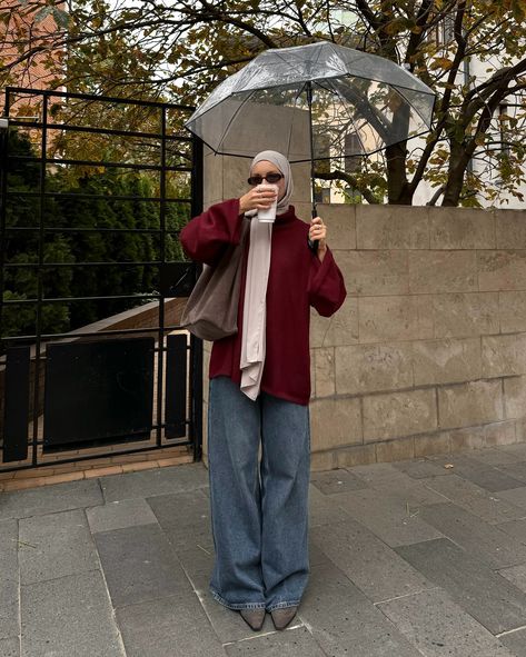 rainy october day ☔️☁️🥀 autumn outfit, autumn vibe, modest fashion, hijab style, baggy jeans, burgundy color, umbrella Modest Hijabi Winter Outfits, Burgundy Hijab Outfit, Baggy Jeans Outfit Hijab, Autumn Hijabi Outfits, Autumn Outfits Hijab, Hijabi Autumn, Islamic Affirmations, Hijabi Winter, Hijabi Winter Outfits