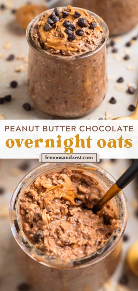 These chocolate peanut butter overnight oats are perfect for busy mornings. Simple ingredients and only 5 minutes to prep and you have breakfast ready for you when you wake up. Easily made vegan and gluten free. Essen, Peanut Butter Overnight Oats Recipe, Chocolate Peanut Butter Overnight Oats, Overnight Oats Recipe Easy, Best Overnight Oats Recipe, Peanut Butter Breakfast, Peanut Butter Overnight Oats, Chocolate Overnight Oats, Protein Overnight Oats