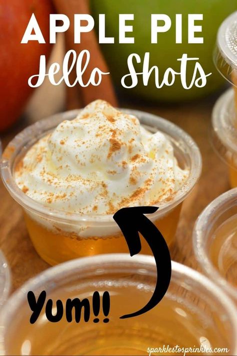 Apple Pie Jello Shots are the ultimate fall flavored Jell-O shot. Apple whiskey, fireball, apple cider and gelatin collide! Pin for Later! Crown Royal Apple Jello Shots, Apple Pie Jello Shots Fireball, Apple Crisp Jello Shots, Apple Cider Jello Shots With Fireball, Jello Shots Fall, Carmel Apple Jell-o Shots, Pumpkin Pie Jello Shots Recipes, Apple Pie Jello Shots, Pumpkin Pie Jello Shots