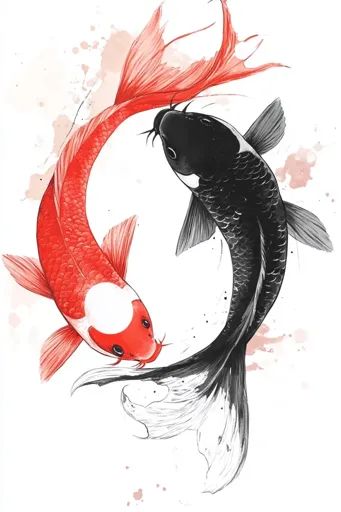 ↑↑↑ Larger size on website 🔸 The image depicts two koi fish, one red and one black, swimming in a circular pattern. The red fish  🔸 From Midjourney AI Image Two Koi Fish, Yin And Yang Symbol, Yin Yang Koi, Orange Koi, Black Fish, Japanese Drawings, Japanese Koi, Symbolic Representation, Yin And Yang