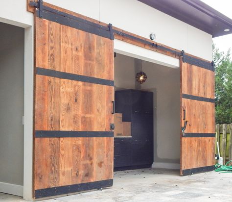 Nobody said our barn doors have to stay inside!  They look great on a tool shed. Diy Exterior Barn Door, Barn Door Garage, Exterior Barn Door Hardware, Exterior Sliding Barn Doors, Door Alternatives, Sliding Garage Doors, Exterior Barn Doors, Diy Exterior, Old Barn Doors