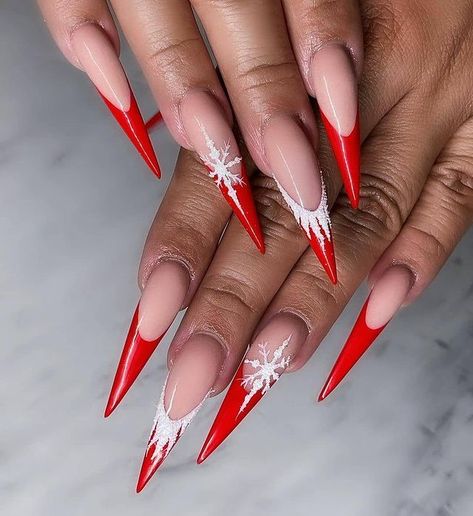 Valentino Beauty Español on Instagram: “#Repost @rachelglamm • • • • • • Denver, Colorado 🧨❄️ . Using @valentinobeautypure gel polish #002 use code glamm10” Xmas Stiletto Nails, Red Long Christmas Nails, Red Stiletto Nails Christmas, December Stiletto Nails, Christmas Nails 2023 Stiletto, Classy Christmas Nails Stiletto, Stilleto Holiday Nails, Red Stilleto Acrylics, Christmas Nails Short Stiletto