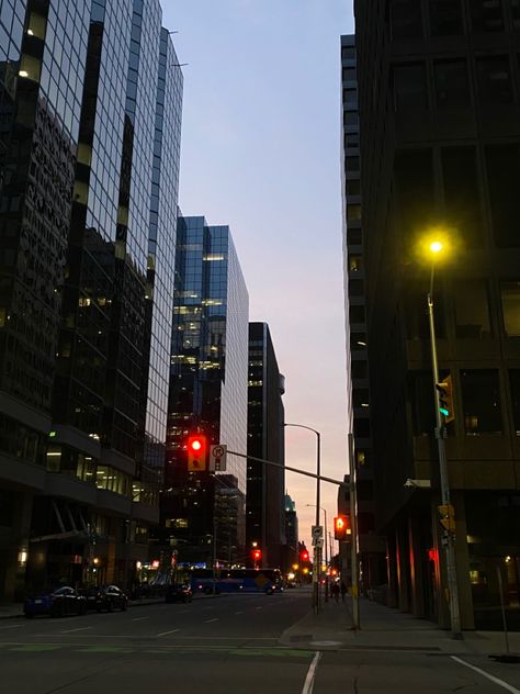 A street with skyscrapers and a sunset in the horizon, pretty orange and pink colors, melting in each other. It’s night time, lights on the street are on Canada Ottawa Aesthetic, Ottawa Aesthetic, Ottawa City, Downtown Ottawa, Canada Ottawa, Canada Summer, University Of Ottawa, Brand Vision, Night Drives