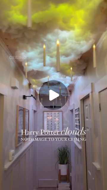 Shavonne Flegel on Instagram: "The Viral Harry Potter Cloud Ceiling, without using staples and nails! ⚡️   We are in love with this magical vibe! 😍 What do you think?  ✨ Follow Once Upon a Bungalow for more Home & DIY!   #harrypotter #harrypottertiktok #cloud #cloudceiling #cloudceilingtutorial #tutorial #diycloud #clouds #hogwarts #halloween #halloweencrafts #halloweendecor #halloweendecorations #pumpkinseason #hogwartslegacy #hogwartsismyhome #hogwartsprofessors #gryffindor #slytherin #hufflepuff #ravenclaw #harrypotterhouses #crafty #crafts #diyproject" Harry Potter Enchanted Ceiling, Halloween Cloud Ceiling, Halloween Ceiling Decorations Diy, Hogwarts Ceiling Diy, Harry Potter Lights From Ceiling, Harry Potter Ceiling Decor, Diy Harry Potter Ceiling, Harry Potter Great Hall Ceiling Diy, Lightning Cloud Ceiling