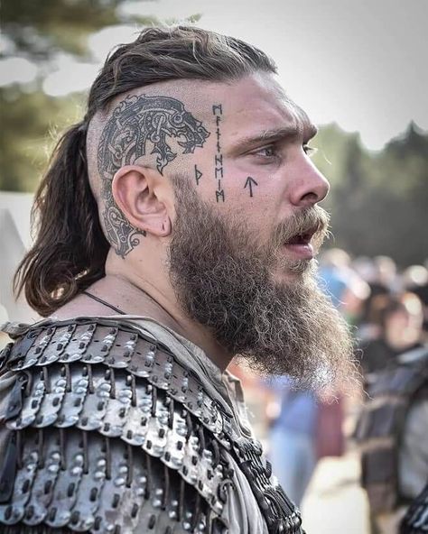 Viking Haircut, Viking Hairstyles, Viking Braids, Thick Beard, Loose Ponytail, Viking Men, Head Tattoo, Mohawks, Viking Women