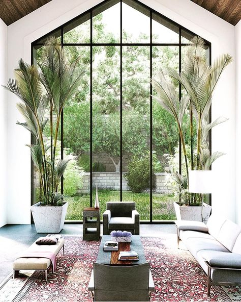 modern | timeless | lifestyle on Instagram: “Garden room with a view 👏👏👏 A gorgeous setting in this double height airy space ✔️ Oversized windows set a perfect garden scene ✔️ Black…” Large Windows House, Big Window Ideas, Homes With Large Windows, Bedroom Big Windows, Big Window House, Cramped Bedroom, House With Big Windows, House With Large Windows, Boring House