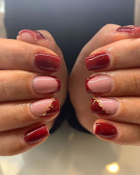 Red And Gold Manicure Ideas, Nails Matching Red Dress, Cherry Red Nails With Gold Accents, Red And Gold Acrylic Nails Short, Red And Gold Dip Powder Nails, Dark Red Nails Gold Accent, Red Nails With Foil Flakes, Red And Gold Flake Nails, Short Red Acrylic Nails Square Glitter