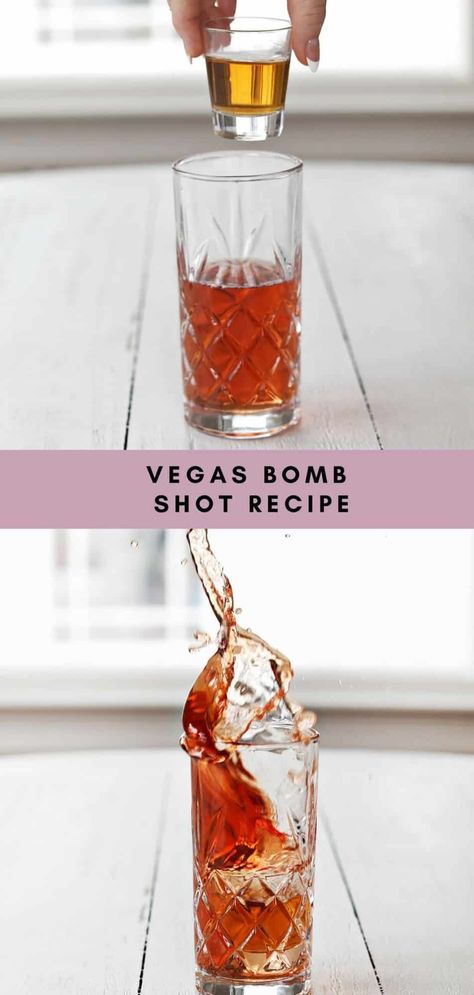 Vegas Bomb - A Beautiful Mess Vegas Bomb, Vegas Bomb Drink, Bomb Shots, Bomb Drinks, Peach Schnapps, Highball Glass, Shot Recipes, Cranberry Juice, Beautiful Mess