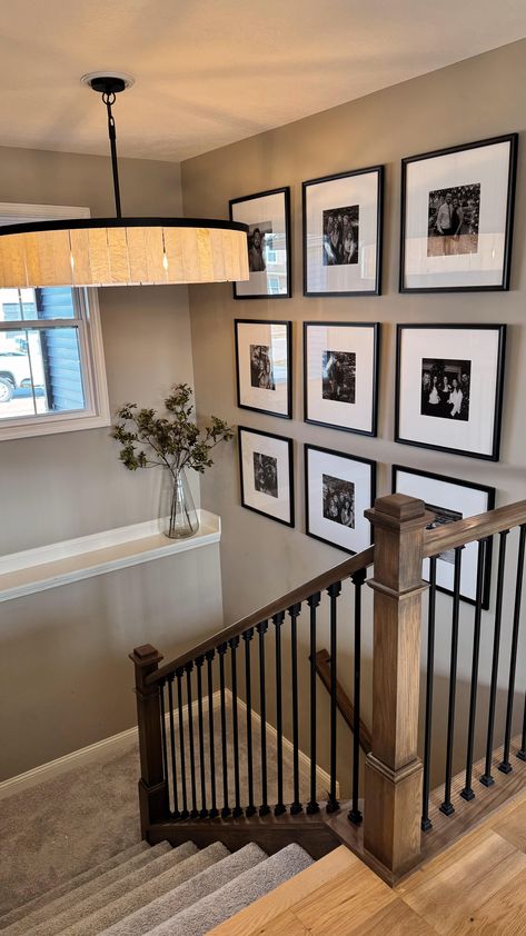 Instagram Picture Gallery Wall Stairs, Large Wall By Stairs Decor, Frames On Staircase Wall, Landing Ideas Upstairs Decor, Old Staircase Makeover, Josie Bensko, Pictures On Staircase Wall, Picture Wall Staircase, Stairs Wall Decor