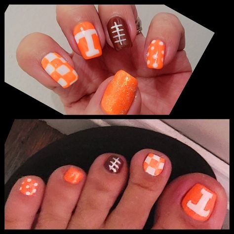 My nails and toes Tennessee Inspired Nails, University Of Tn Nails, Tennessee Vols Nails Ideas, Tennessee Vols Football Nails, Ut Vols Nails, University Of Tennessee Nail Designs, Tennessee Nails Designs, Vols Nails Tennessee, University Of Tennessee Nails