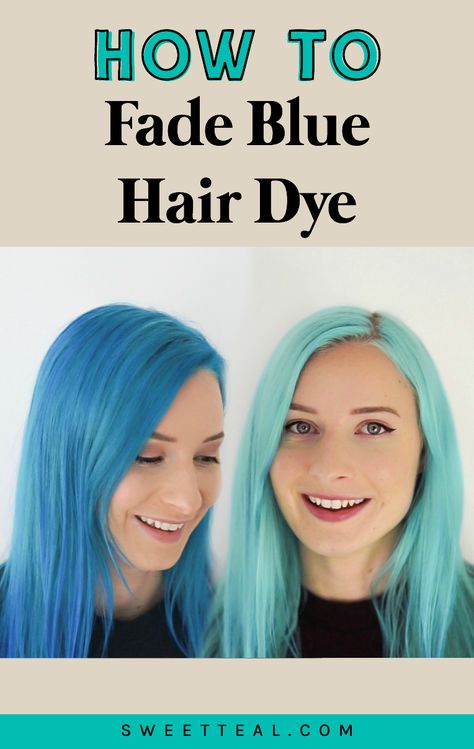 Learn how to fade blue hair dye quickly without using bleach. These two ingredients are a game changer! You'll have turquoise hair in no time! | teal hair, blue hair, blue hair dye, how to fade blue hair, faded blue hair, dyed hair, colorful hair, no bleach, semi-permanent hair dye, turquoise hair dye Blonde Over Blue Hair, How To Get Blue Dye Out Of Hair, Blonde Hair Without Bleach, Hair Dye Without Bleach, Fade Hair Color, How To Fade Hair, Lighten Hair At Home, Faded Blue Hair, Aqua Hair Color