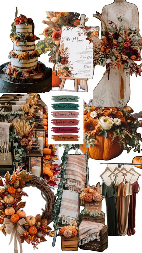 Autumn 🍂 Wedding Mood Fall Themed Wedding Decor, Boho Fall Wedding Decorations, Fall Wedding Color Palette October, October Wedding Themes, Burnt Orange Weddings Decorations, Autumn Wedding Decorations, Elegant Fall Wedding Ideas, Boho Autumn Wedding, Fall Wedding Themes