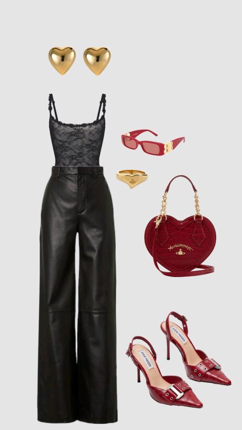 Out with the gals #beauty #outfitinspo #valentinesoutfit #valentinesdayaesthetic Lederhosen Outfit, Leather Pants Outfit, Smink Inspiration, Makijaż Smokey Eye, Looks Chic, Going Out Outfits, Fancy Outfits, Looks Style, Lookbook Outfits