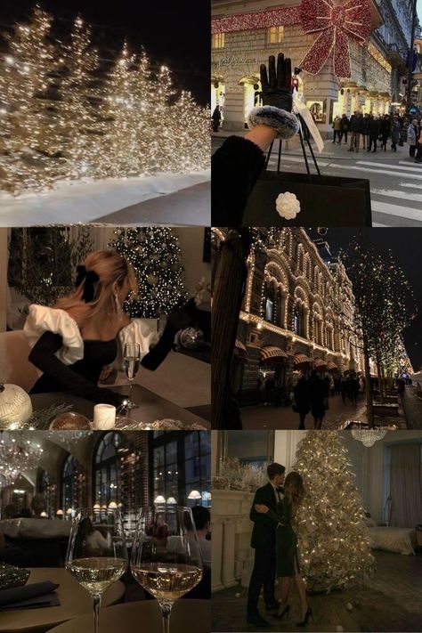 photo collage of a snowy city during Christmas time at night. Christmas At Night Aesthetic, Rich People Christmas, Cold Christmas Aesthetic, Big City Christmas, Christmas Shopping Aesthetic, Holiday Aesthetic Winter, Nyc Christmas Aesthetic, Christmas At Night, Boujee Christmas