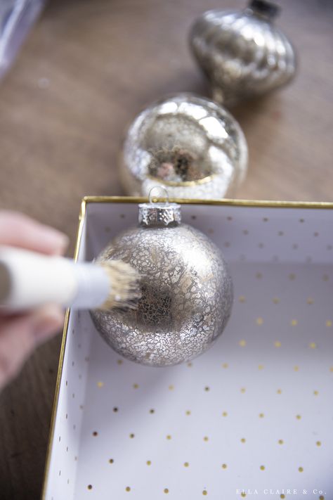 Elevate your inexpensive Christmas Ornaments with these DIY Tips and tricks! It is easy to upgrade cheap ornaments and make them look more high end with these ideas. Diy Vintage Looking Christmas Ornaments, Decorate Christmas Ornaments, How To Age Christmas Ornaments, Christmas Finials Diy, Diy Silver Ornaments, White Christmas Bulbs, Woodland Christmas Tree Ornaments, Diy Mercury Ornaments, Diy Studio Mcgee Ornaments