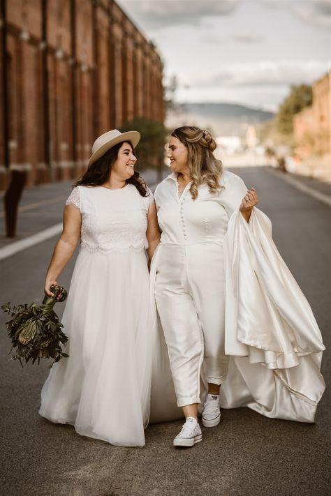 ELOISE + HANNAH // #wedding #realwedding #realbride #coolbride #bride #weddingplanning #weddinginspiration #bridalgown #weddingdress #fashion #styling #weddingstyling #australianwedding #aussiewedding #perthwedding #perthphotographer #perthphotography #westcreativeperth Wedding Dresses For Masculine Women, Queer Weddings Outfit, Androgynous Wedding Dress, Masc Bride Outfit, Masculine Wedding Dress, Androgynous Wedding Outfit, Gender Neutral Wedding Outfit, Non Binary Wedding Outfit, Tomboy Wedding Outfit